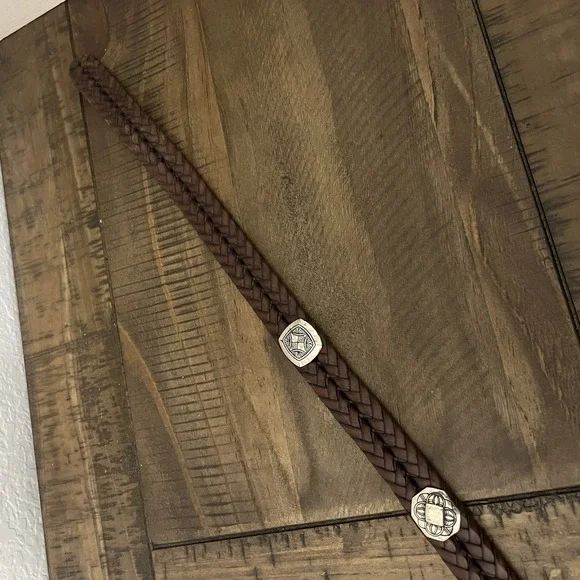 BRIGHTON Brown Leather Braided Belt Q2108 Silver Buckle & Conchos Size S/28 - Picture 3 of 5
